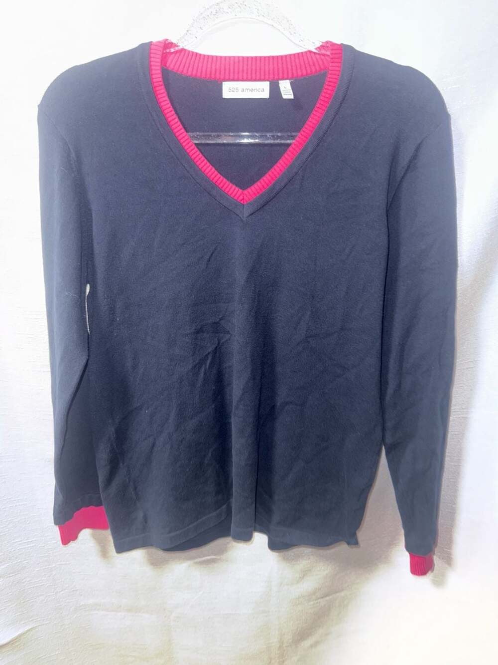 525 America Navy Blue V-Neck Sweater with Hot Pink Trim